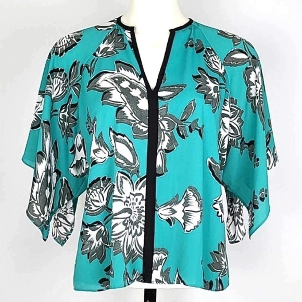 ZARA Basic Kimono Sleeves Large Floral Print Teal Blouse Top V Neckline Sz Small